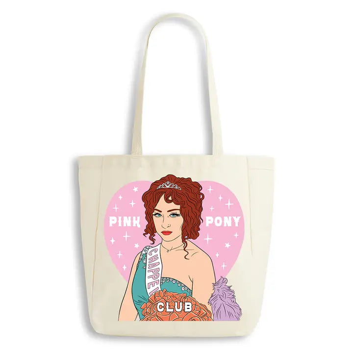 Tote bag with a graphic of Chappell Roan in a tiara and 'Pink Pony Club' text on a heart background.