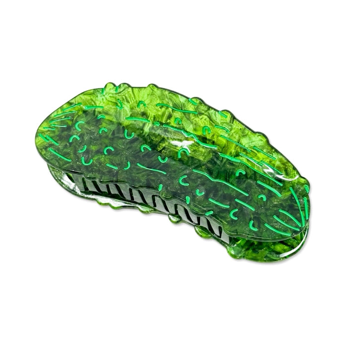 Green pickle hair claw against a white background.