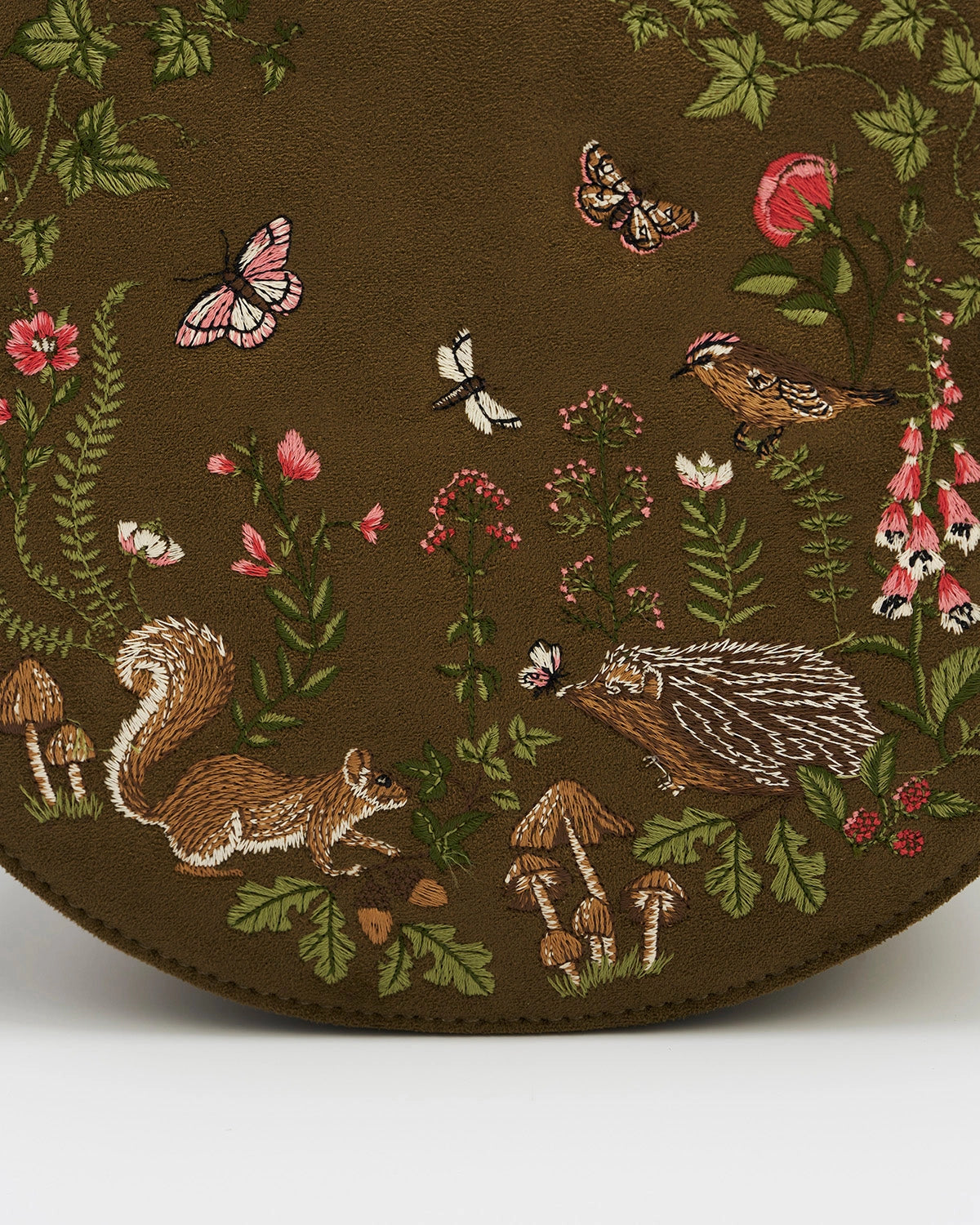 Close up details of the embroidered woodland creatures on the front of the purse.