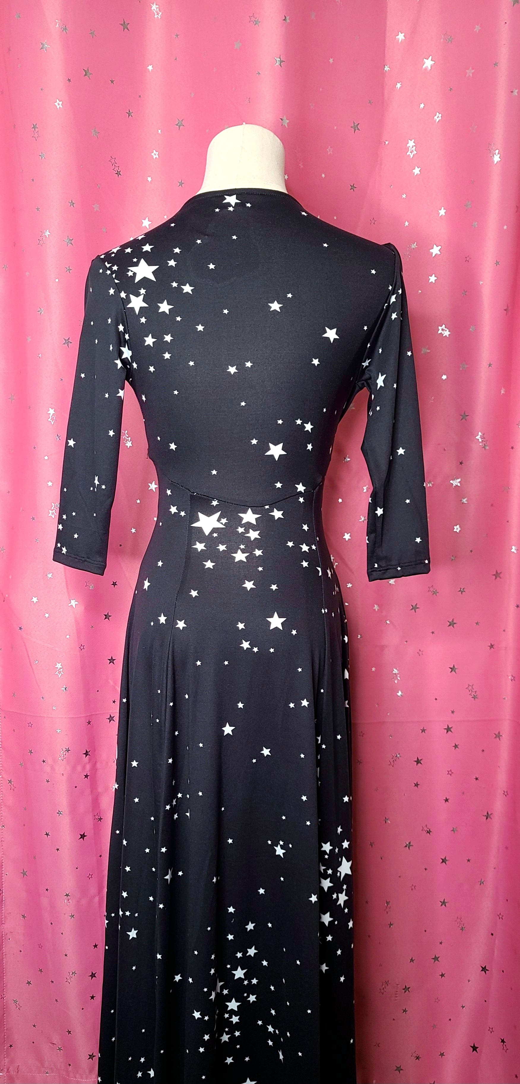 Raquel 3/4 Sleeve Black Maxi Star Clusters Dress by Wax Poetic Clothin Modern Vixen Vintage Raquel 3/4 Sleeve Black Maxi Star Clusters Dress by Wax Poetic Clothin Modern Vixen Vintage