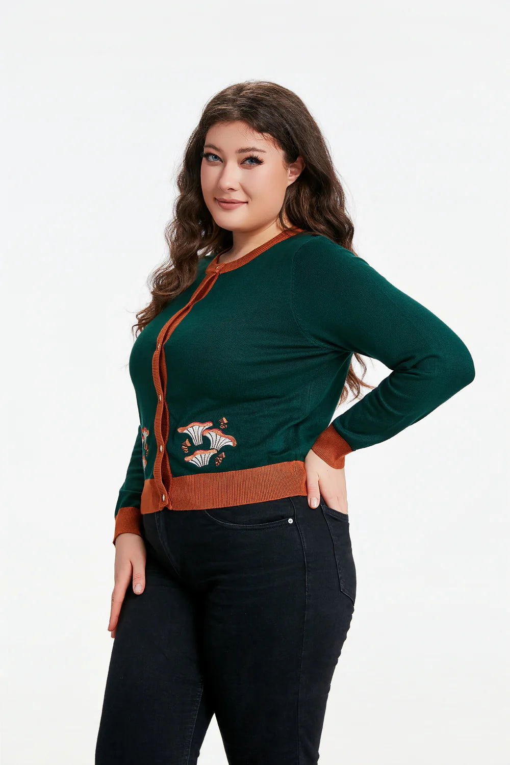 Female model wearing the Leslie Mushroom Cardigan against a white background.