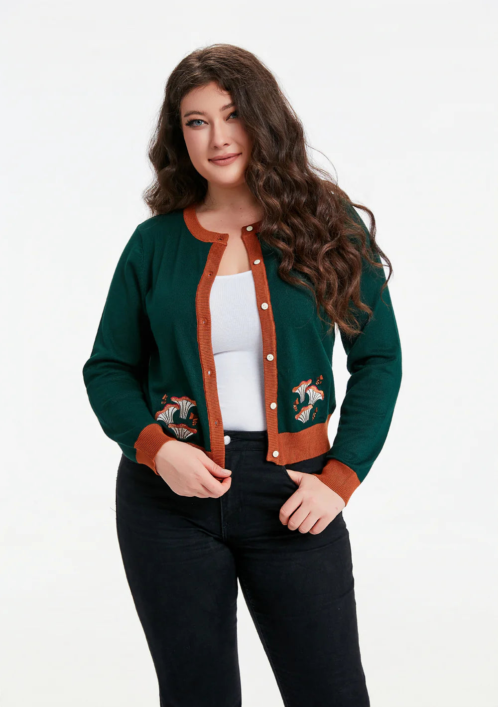 Female model wearing the Leslie Mushroom Cardigan against a white background.