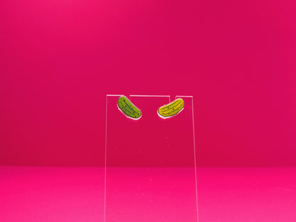 Pickle earrings on a clear display against a pink background.