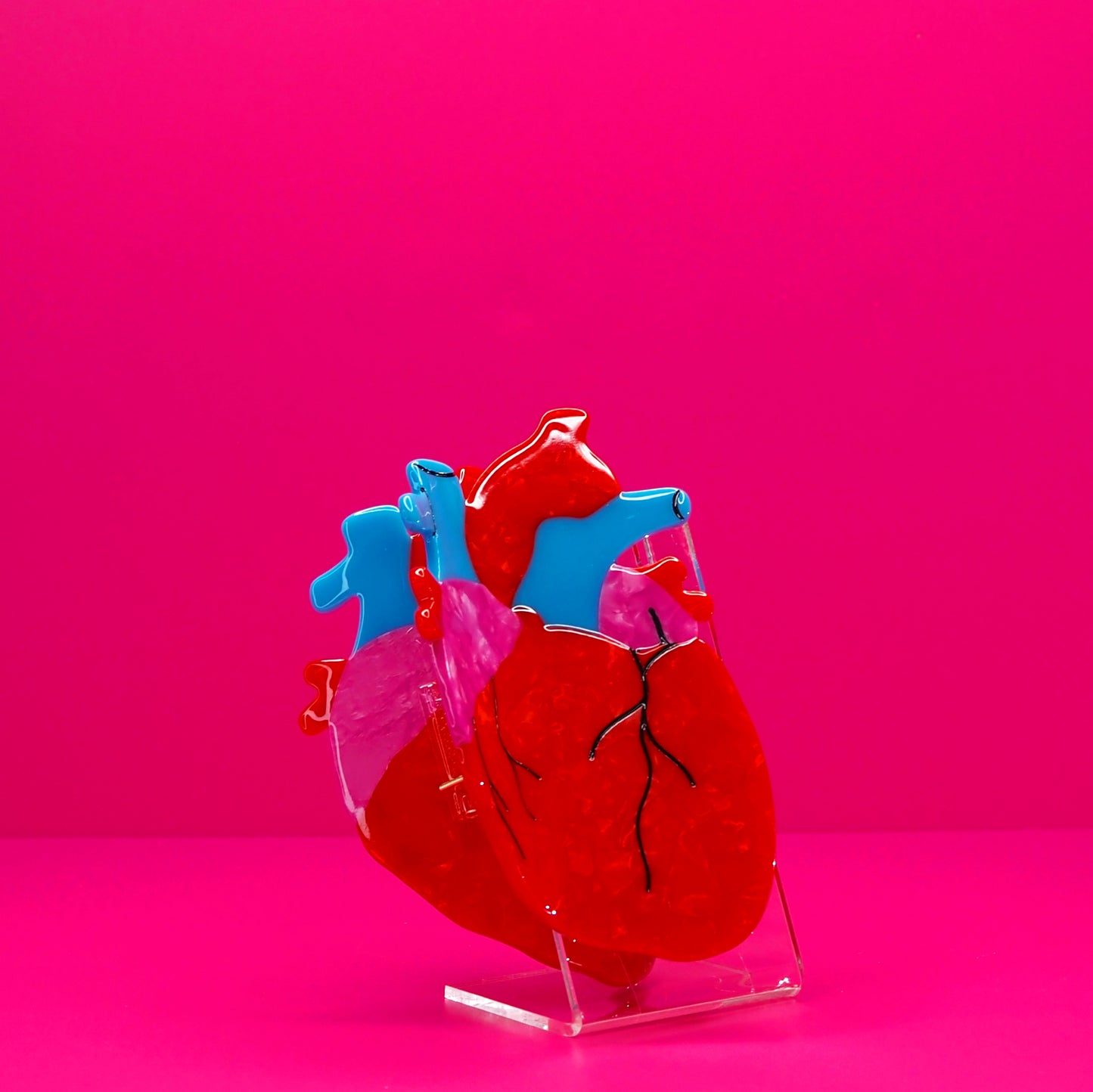 Anatomical heart hair claw at an angle against a pink background.