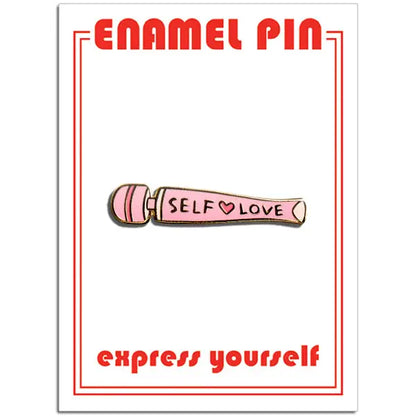 Pink vibrator with 'Self Love' text on a white background with red border and text.