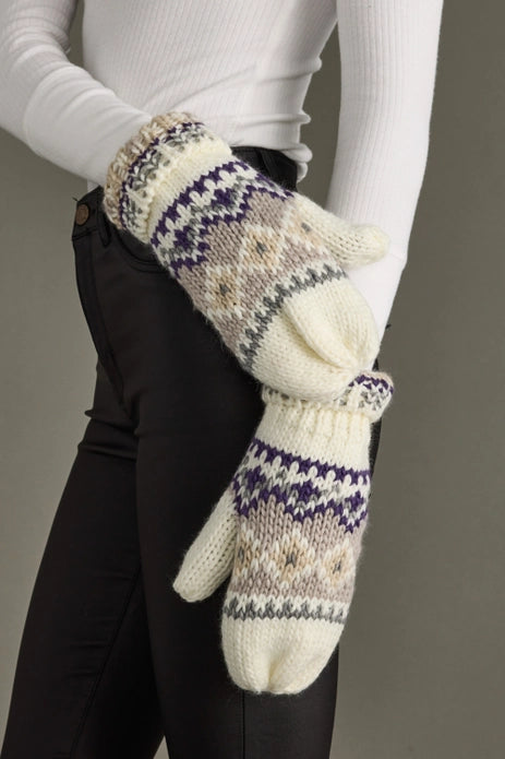 Pair of knitted mittens with a pattern worn by a person against a neutral background.