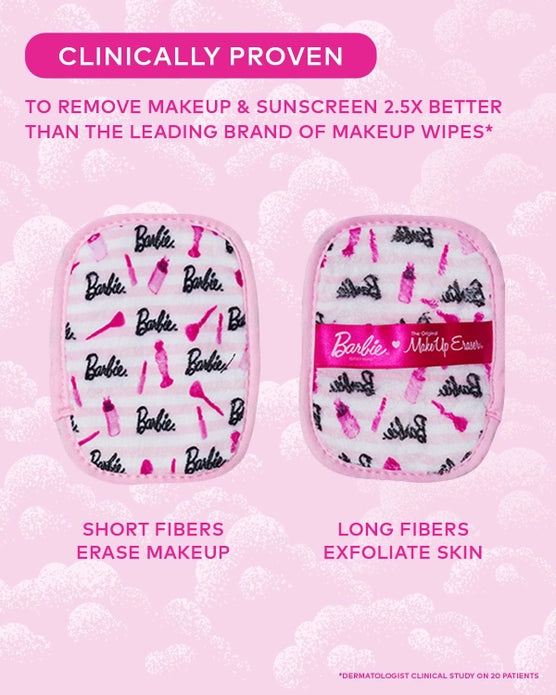 Front and back of a makeup eraser showcasing the difference between the fibers. Short fibers for makeup erasing, and the long fibers to help exfoliate skin.