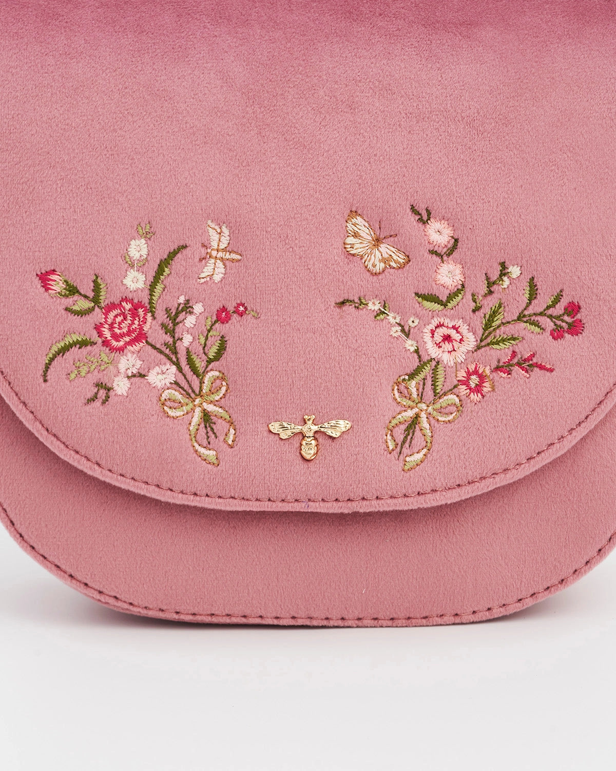 Close up of the pink floral bouquets on both sides of the front flap against a white background.