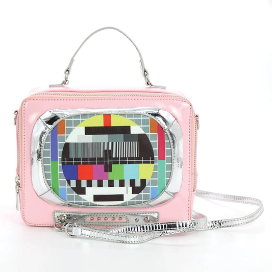 Front of the purse, which features a vintage tv test card on the front screen, against a white background