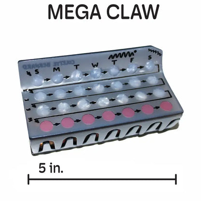 Birth control hair claw against a white background with the phrase "Mega Claw" showcasing the 5" length.