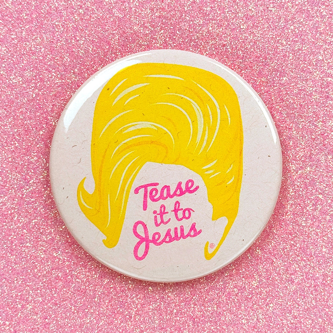 Round light pink mirror with a yellow beehive featuring "Tease it to Jesus" in a dark pink cursive font against a glittery pink background.