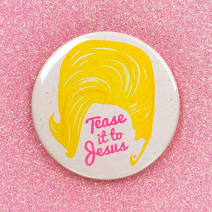 Round light pink mirror with a yellow beehive featuring "Tease it to Jesus" in a dark pink cursive font against a glittery pink background.