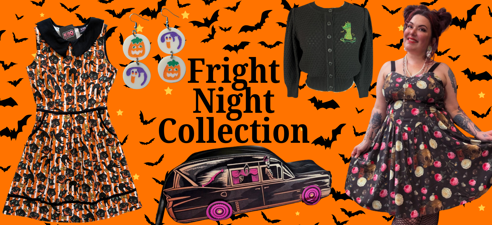 Fright Night Collection Collage with various dresses, sweater, earring, and purse against an orange backround with black bats.
