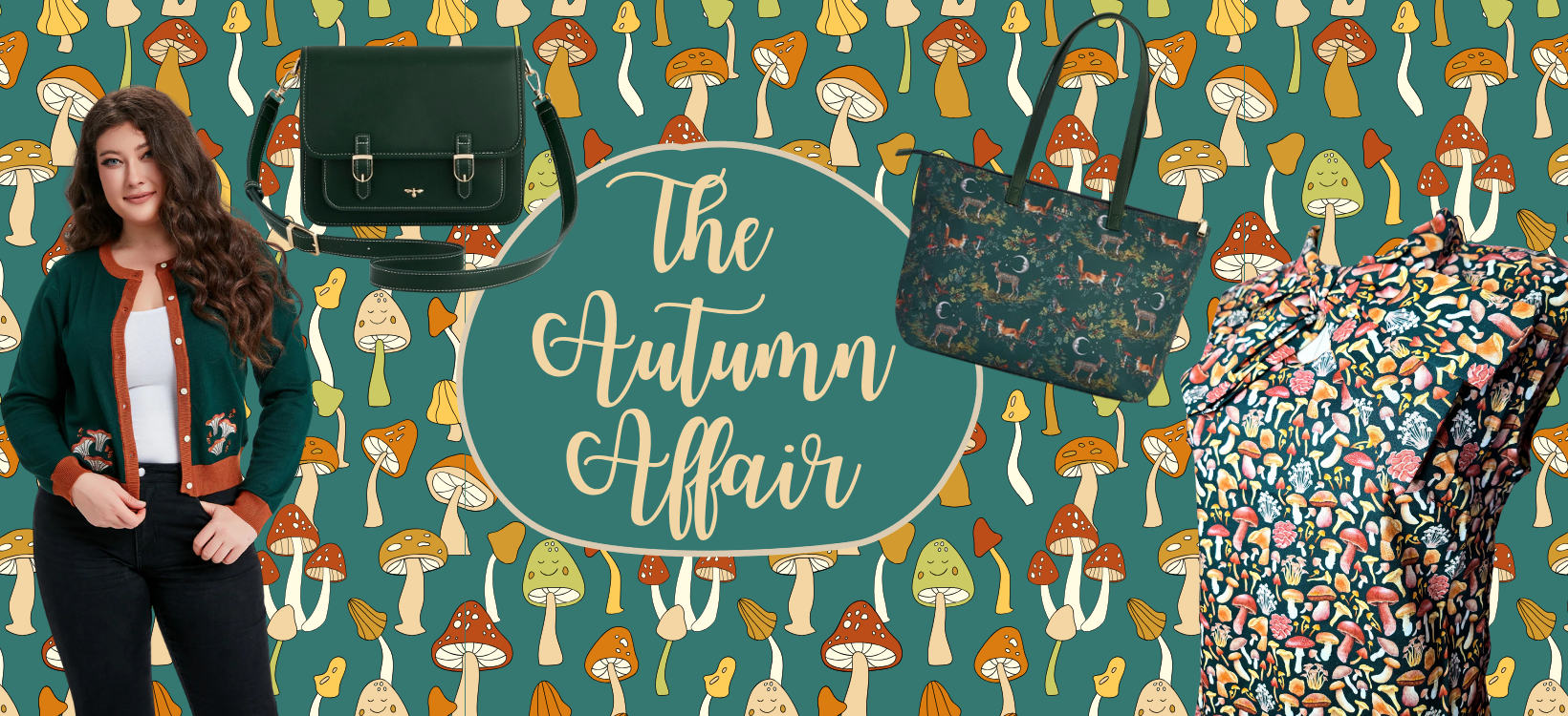 The Autumn Affair Promo showcasing a cardigan, two purses, and a mushroom top against a teal background with various mushrooms.