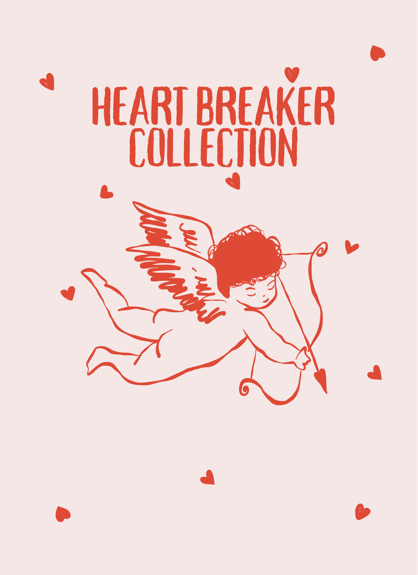 Cupid illustration with 'Heart Breaker Collection' text on a light pink background.