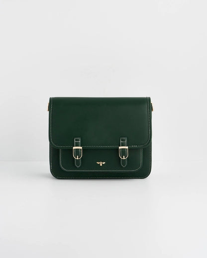 Front of dark green purse without the strap showing against a white background.