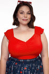 Front of top shown on a white plus sized model against a white background