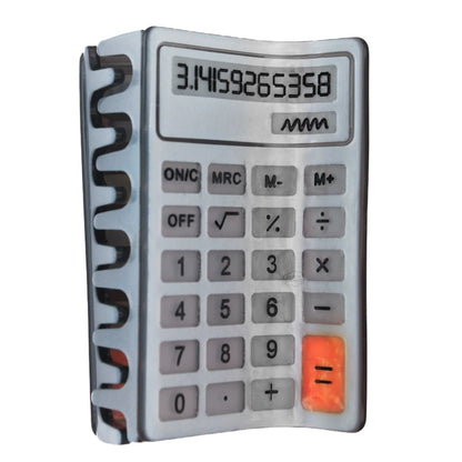 Calculator hair claw with Pi on it's screen against a white background.