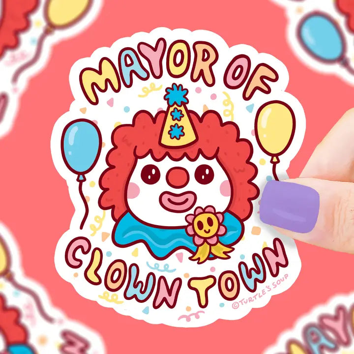 Mayor of Clown Town sticker against a light red background.