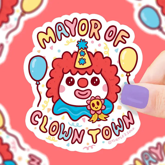 Mayor of Clown Town sticker against a light red background.
