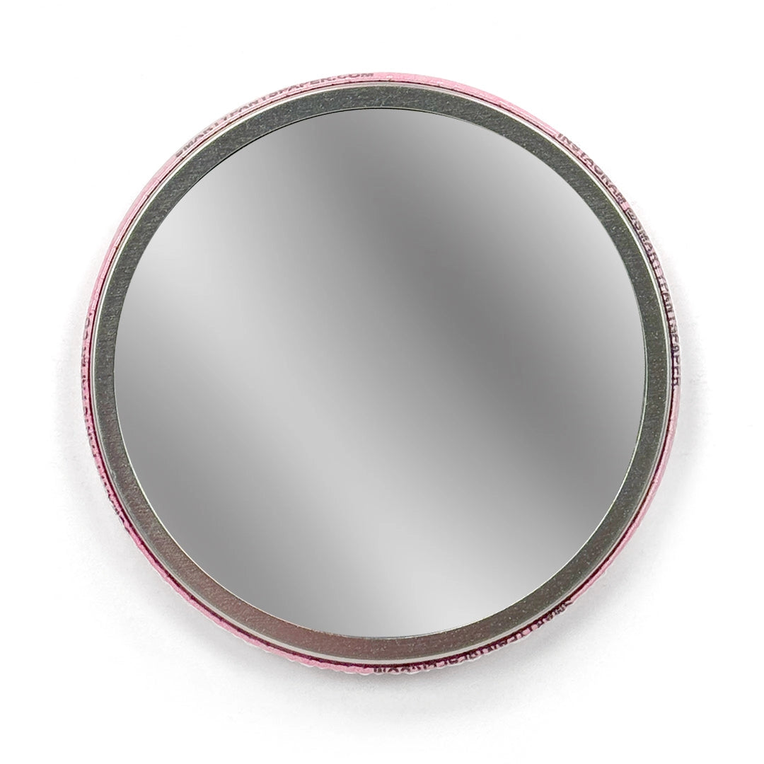 Round mirror against a white background.