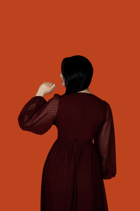 Woman wearing a burgundy dress with sheer sleeves against an orange background.