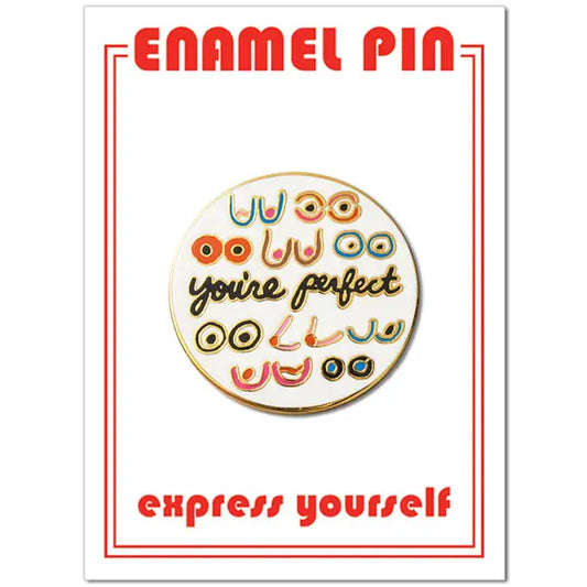 "You're Perfect" surrounded by various shapes of boobs on a white background.