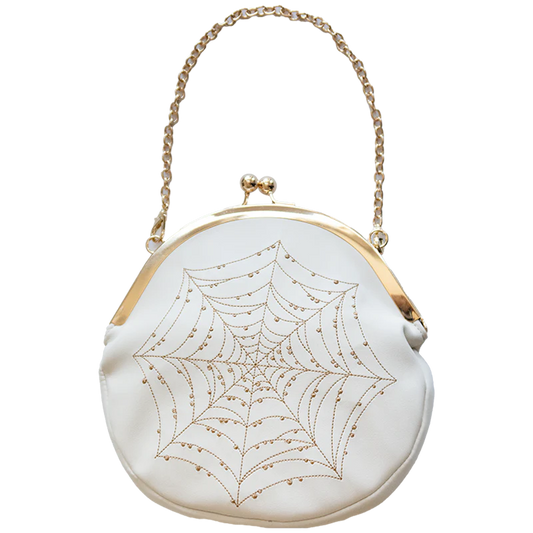 Front of purse against a white background. Front has a gold spiderweb on a white purse base