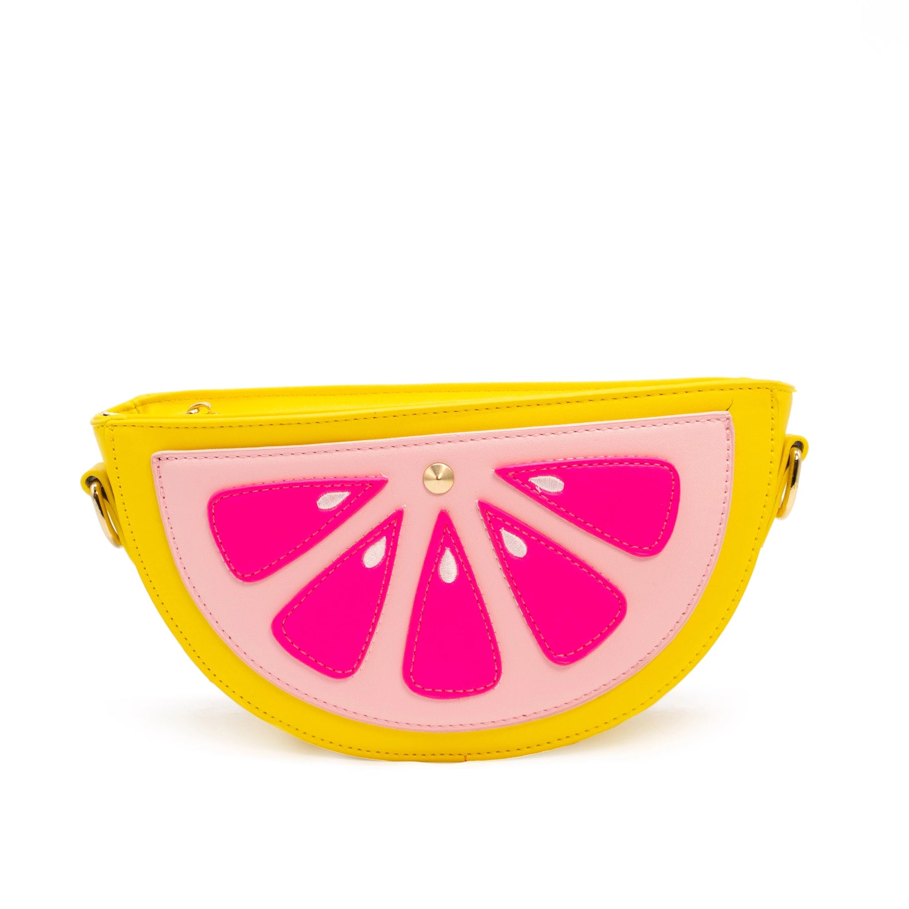 Purse is shown against a white background. Purse is a half of a grapefruit. Purse is yellow with a light pink center, and dark pink accents. Purse is show straight on