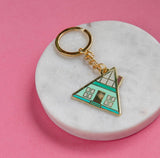 Keychain on a circle against a pink background
