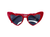 Deep red heart sunglasses. Hearts have the outside half is higher than the inside. Has black lenses