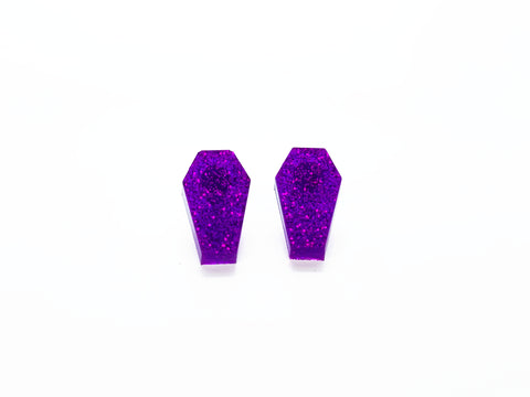 Purple glitter coffin shaped stud earrings