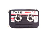 Purse is shown against a white background. Purse is a black cassette tape with red and white accents