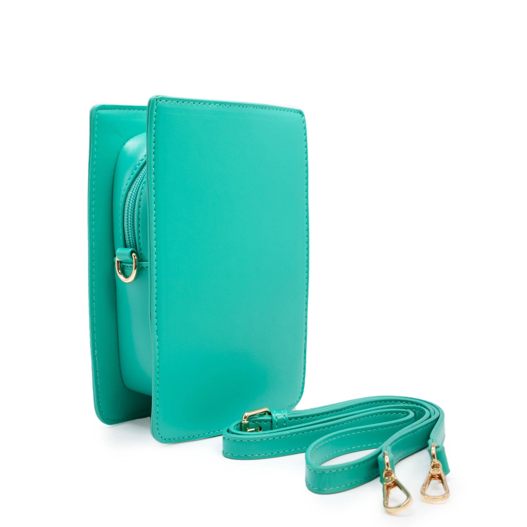 Photo shows the purse from an angle. Purse is a light green with game-boy like features. Photo shows the purse from the back which is a solid green color