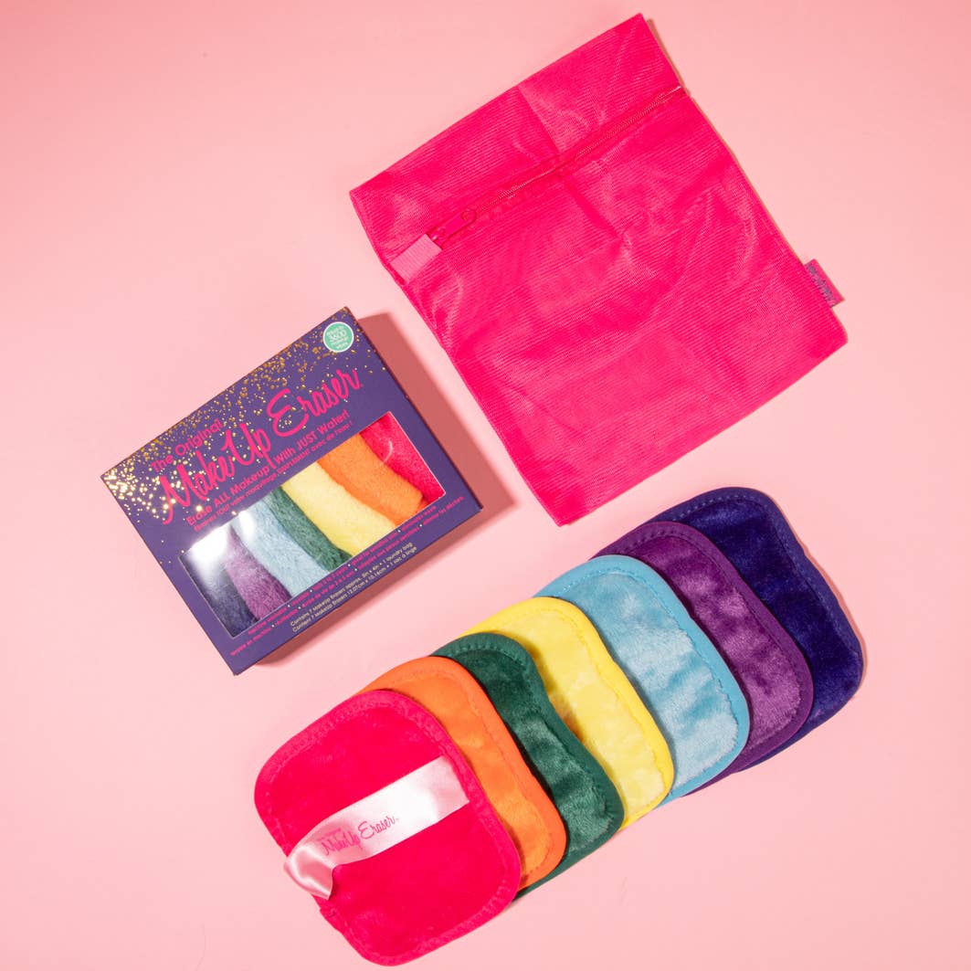 Makeup erasers and wash bag against a pink background