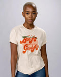 T shirt on a model against a light grey background