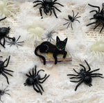 This photo shows the brooch against a white spiderweb background surrounded by black spiders
