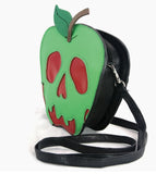 Red shiny vinyl in an apple shape with green matte vinyl overlayed in a slimy skull shape. This photo shows the purse from a side angle that shows the purse strap, and the zippered area. Both in black vinyl