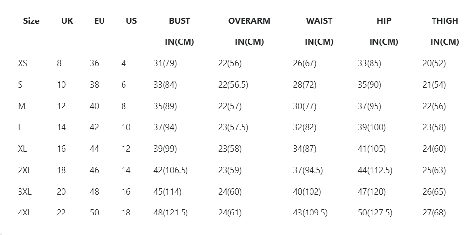 Timless London Size Chart