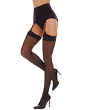 Photo shows a white female presenting model from the waist down to showcase the stockings. Model is at an angle, stockings are black. Model has one leg bent up creating a number 4 shape with the legs