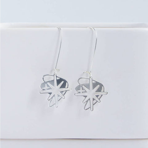 This photo showcases the Starburst earrings against a white background. Earrings are hanging from a white item