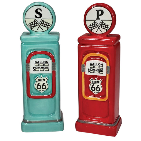 This photo shows the salt and pepper side by side. The Salt is a blue retro gas pump with the letter S at the top of the pump with a red outline around the gallon amount. The pepper is a red color with the letter P at the top of it with yellow outline around the gallon and total amount