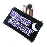 Bag with makeup brushes against a white background