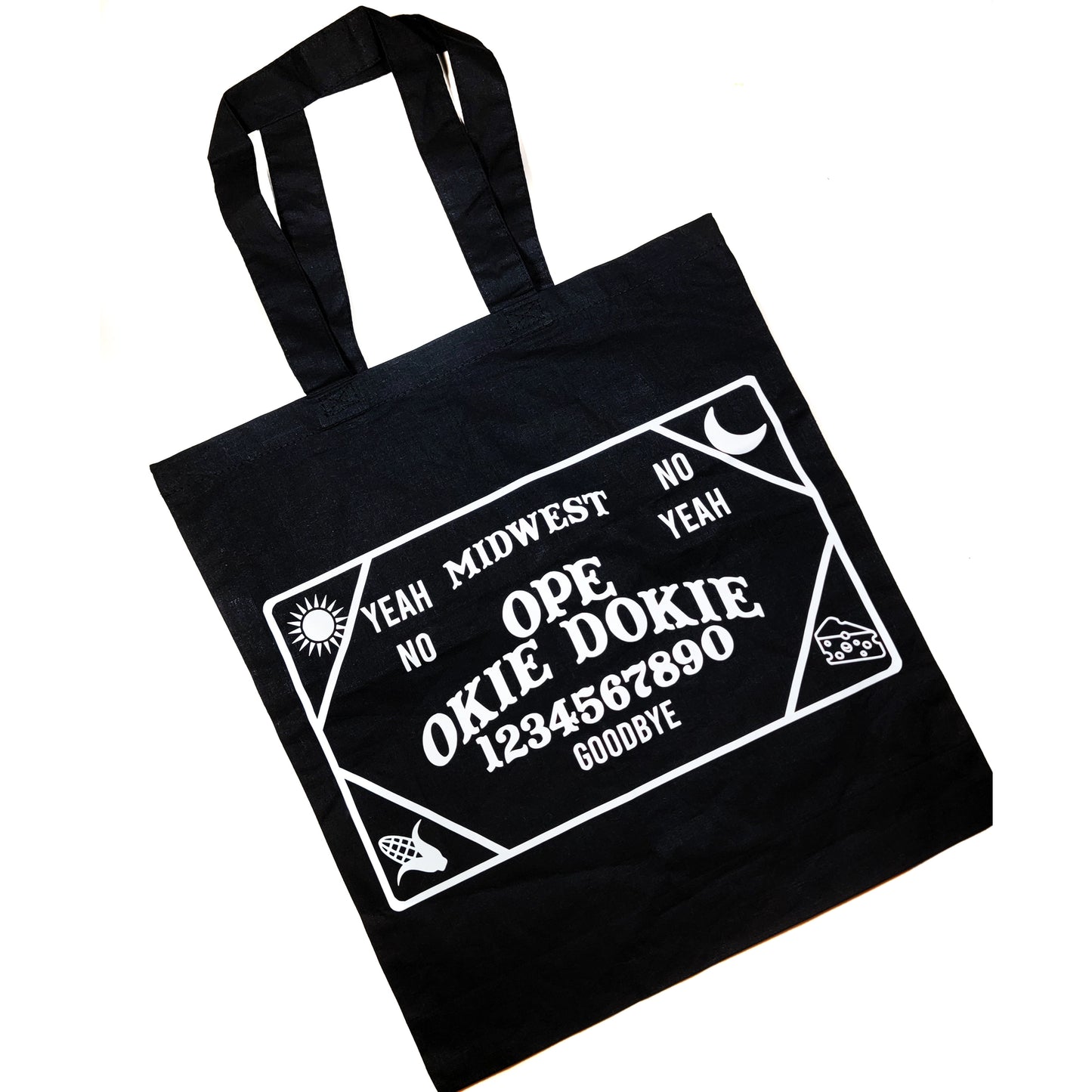 Bag is shown against a white background. Bag is black with a white midwest themed ouija board with "ope" "okie dokie" "yeah no" "no yeah" etc on the board