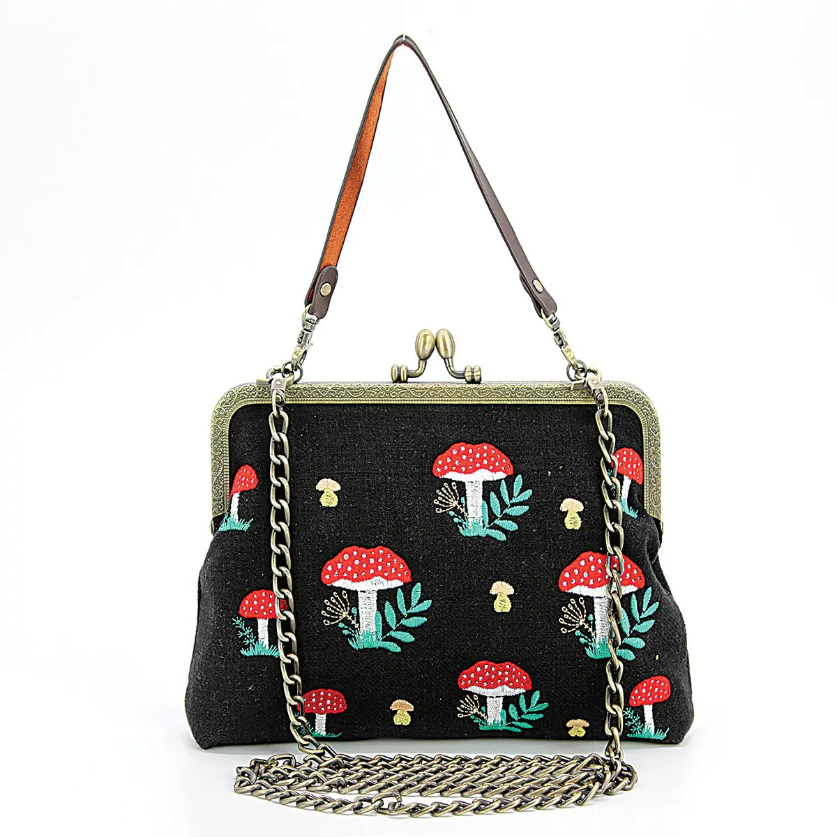 This photo shows the purse against a white background. Purse is black with red topped mushrooms. This photo also shows both strap options.