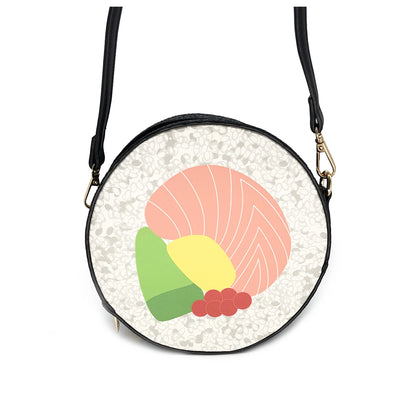 Purse is shown against a white background, with sparkle accents to showcase that this purse has glitter edges. Purse is a black circle with the sushi center.