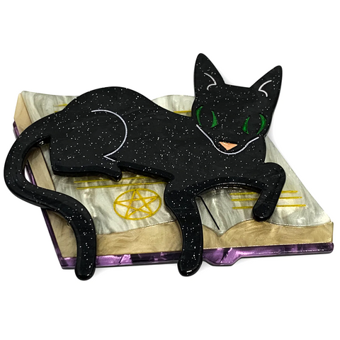 This photo shows the brooch against a plain white background. Brooch is a black cat with green eyes on a spell book