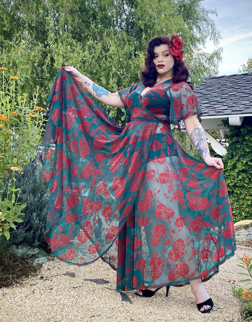 Model wearing dress in sunlight